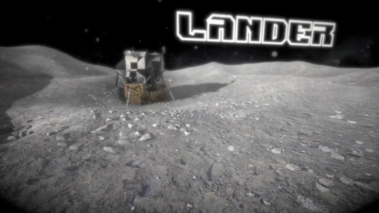 مركبة الهبوط على سطح كوكب صخري تحت سماء سوداء، وفوقها اسم LANDER